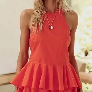 Free People Printemps Moment Peplum Ruffle Halter Top Tangerine Tango Orange S